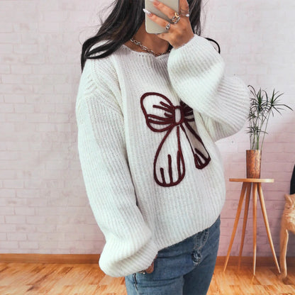 Simple Casual Bow Embroidery Decoration Knitted Long Sleeve Sweater