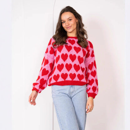 Heart Jacquard Color Contrast Short Knitted Valentine'S Day Sweater
