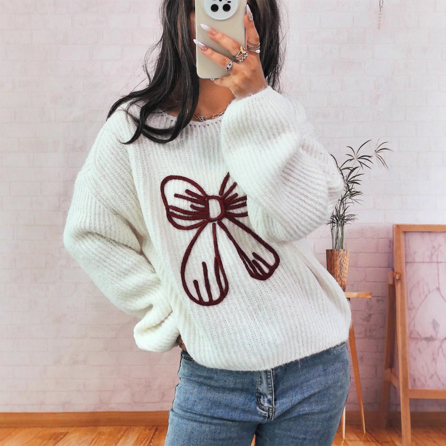 Simple Casual Bow Embroidery Decoration Knitted Long Sleeve Sweater