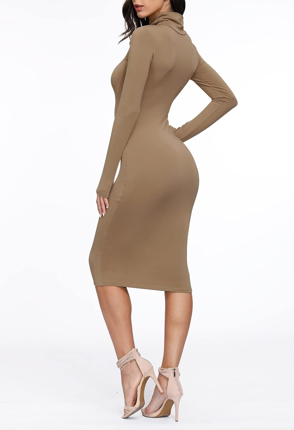 Womens Sexy Fall Knit Dress High Neck Long Sleeve Bodycon Midi Winter Dresses